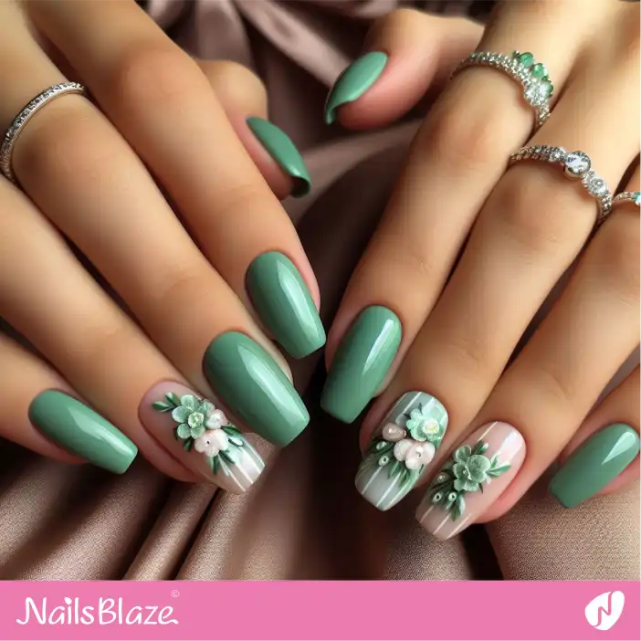 Bridesmaid Glossy Green Color with Accent Flower Nail Design| Wedding-NB-D-552