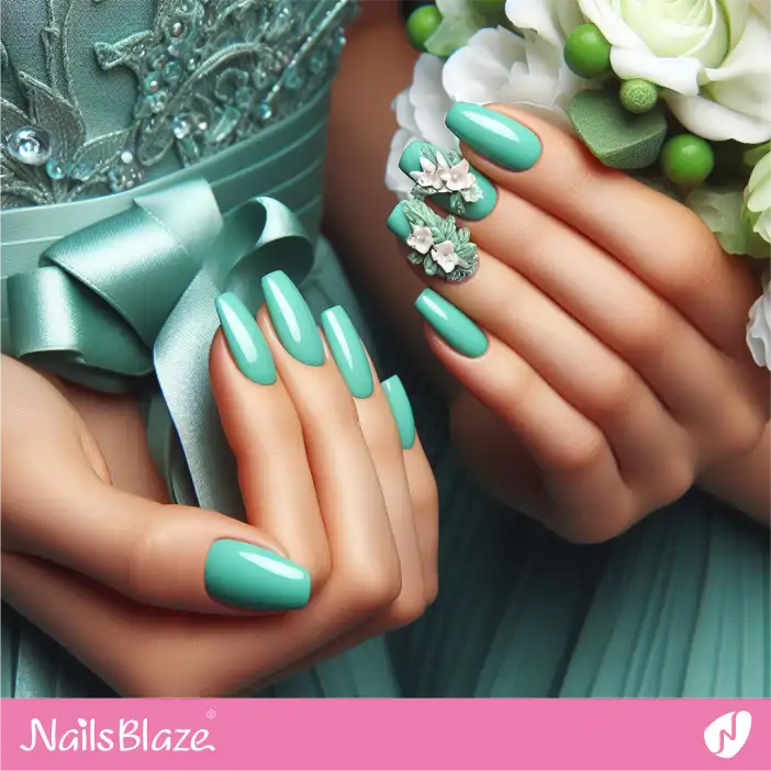 Bridesmaid Turquoise Color with 3D Flower Details Nails| Wedding-NB-D-553