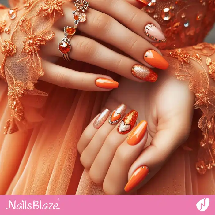 Orange and Rose Gold Shimmer nails with Heart Design for Bridesmaid| Wedding-NB-D-556