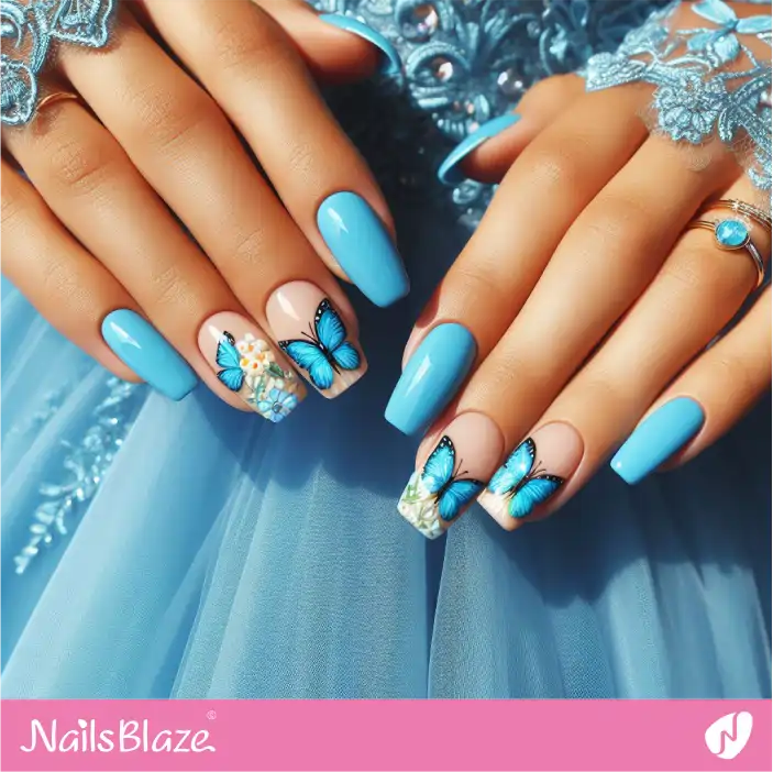 Sky Blue with Butterfly Nail Design for Bridesmaid| Wedding-NB-D-559