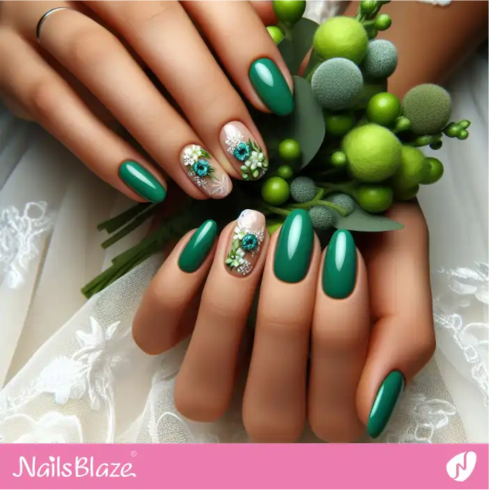 Bridesmaid Glossy Emerald Green With Minimal Flower Nail Design| Wedding-NB-D-561