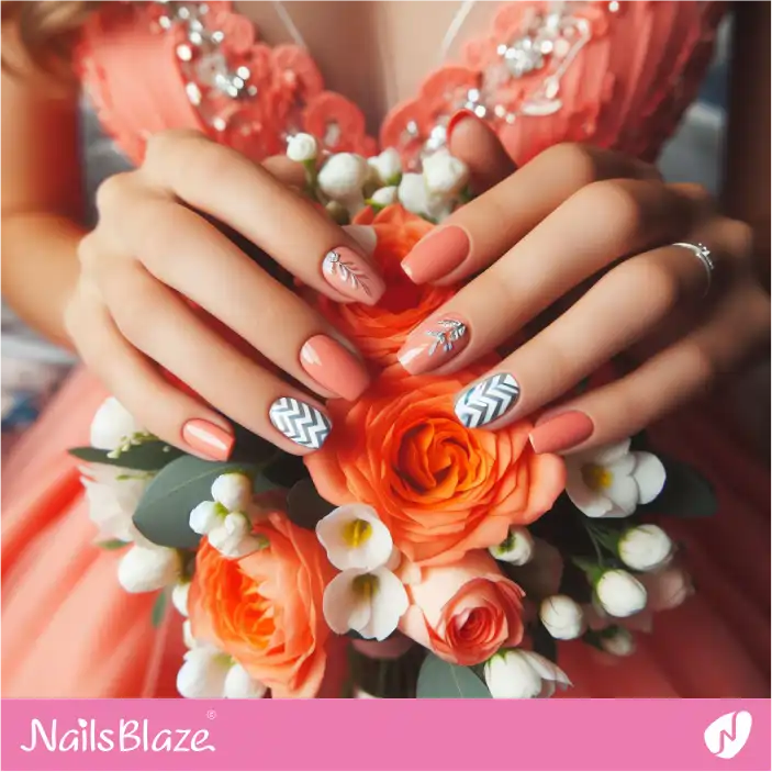 Coral Nails with Accent Chevron Design for Bridesmaid| Wedding-NB-D-563