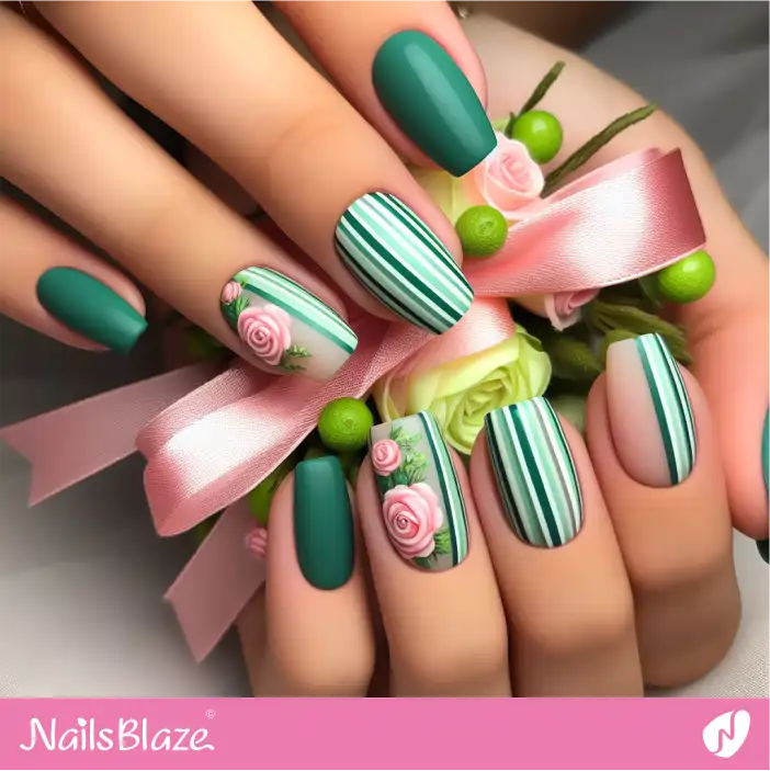 Striped Rose Flower Nail Design for Bridesmaid| Wedding-NB-D-564