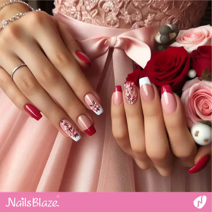 Bridesmaid Red and White French Nail Design| Wedding-NB-D-567