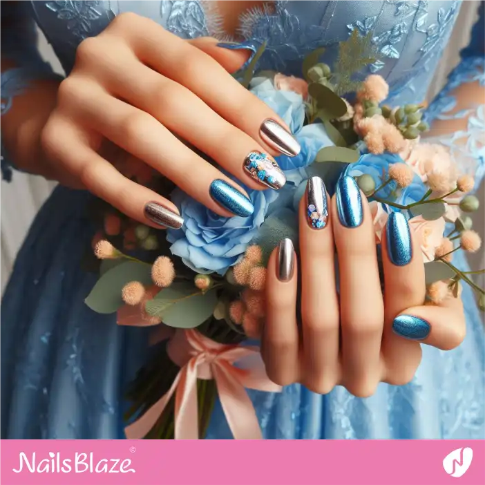 Bridesmaid Blue Metalic with Silver Chrome Nail Design| Wedding-NB-D-568