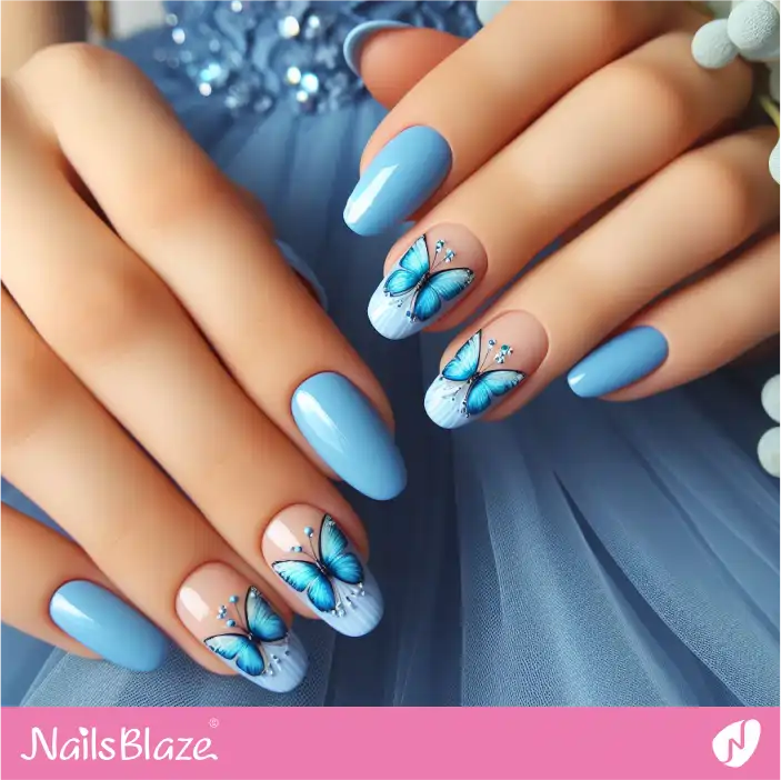 Bridesmaid Minimal Blue Nail Design with Butterfly| Wedding-NB-D-569