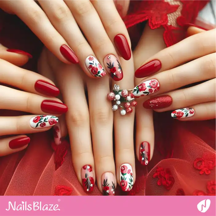 Bridesmaid Red Floral Nail Design| Wedding-NB-D-570