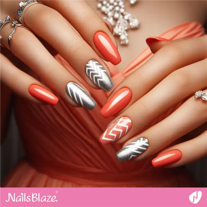 Bridesmaid Coral Color with Silver Shimmer Nail Design| Wedding-NB-D-571