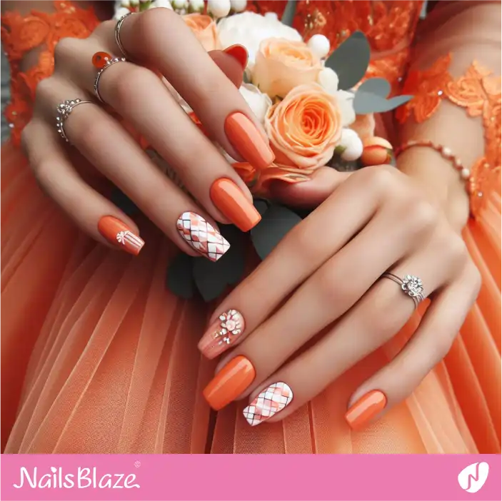 Bridesmaid Glossy Orange Nails with Accent Geometric Design| Wedding-NB-D-572