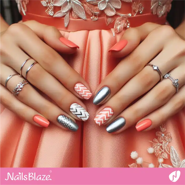 Short Coffin Coral Nails with Silver Chevron Design for Bridesmaid| Wedding-NB-D-577