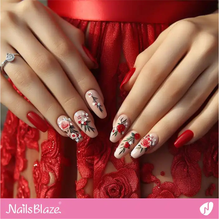 Nude Nails with Red Flower Design for Bridesmaid| Wedding-NB-D-578