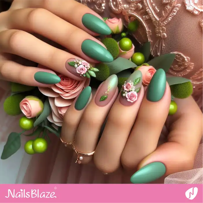 Emerald Green 3D Rose Nail Design for Bridesmaid| Wedding-NB-D-579
