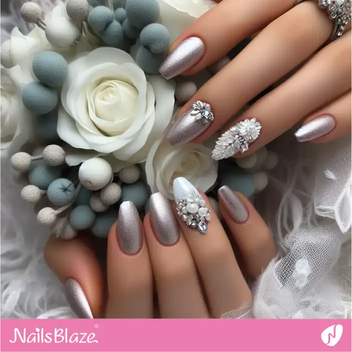Bridesmaid Silver Shimmer Nails with 3D Accent Design| Wedding-NB-D-581