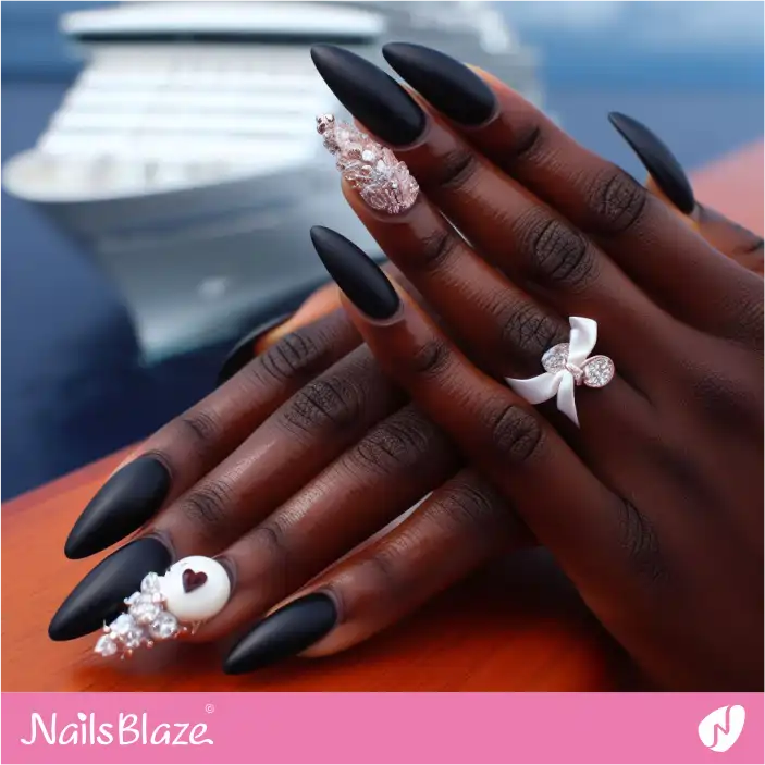 Cruise Wedding Accent Rhinestone and Black Nail Design |Wedding-NB-D-319