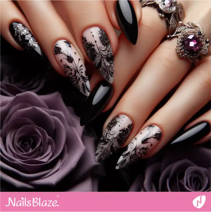 Dark Wedding Filigree Stiletto Nails Design|Wedding-NB-D-420