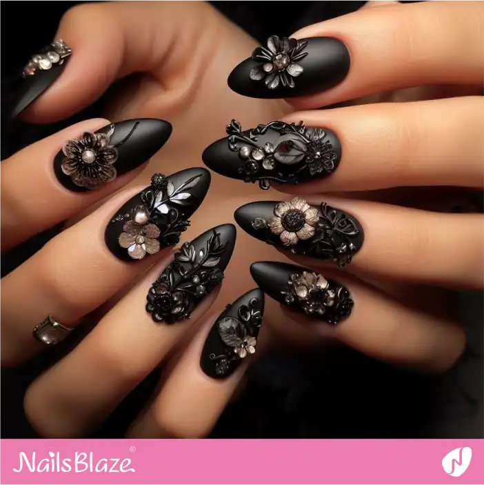 Dark Wedding Filigree Flower Nails Design|Wedding-NB-D-419