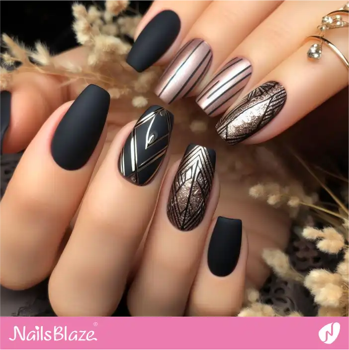 Dark Wedding Black Matte with Foil Nail Design|Wedding-NB-D-426