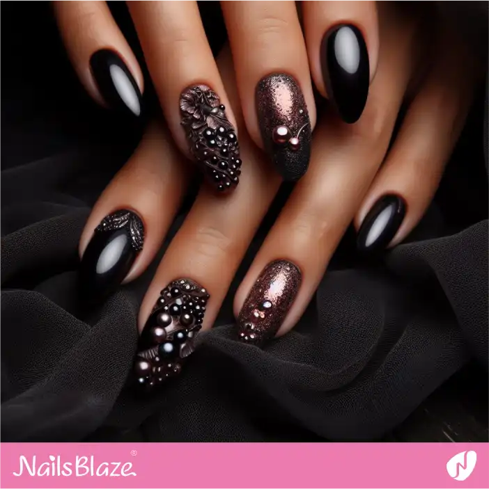 Dark Wedding Glossy Pearl Nail Design|Wedding-NB-D-427