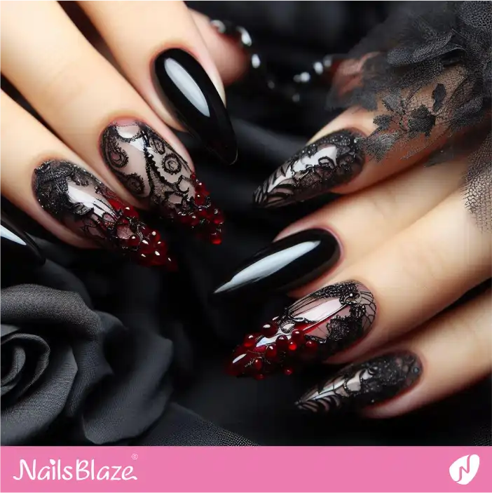 Dark Wedding Elegant Black Nails with Red Design|Wedding-NB-D-439