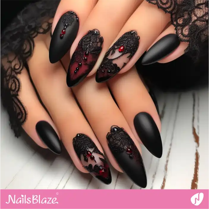 Dark Wedding Lace Nail Design with Red Studs|Wedding-NB-D-423