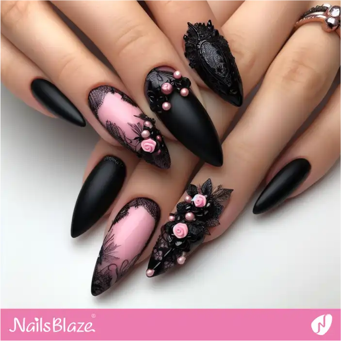 Dark Wedding Black Matte and Pink Nail Design|Wedding-NB-D-432