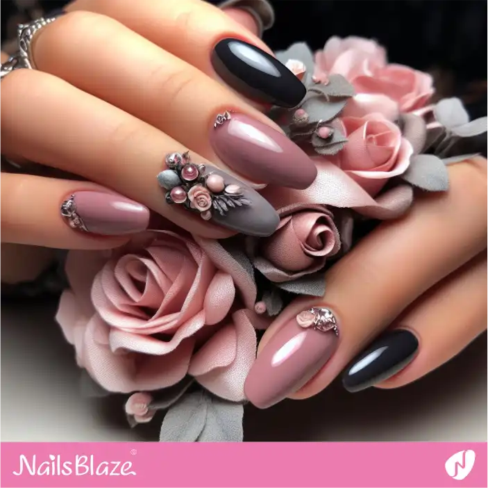 3D Flower Nail Designs for Dark Wedding |Wedding-NB-D-286