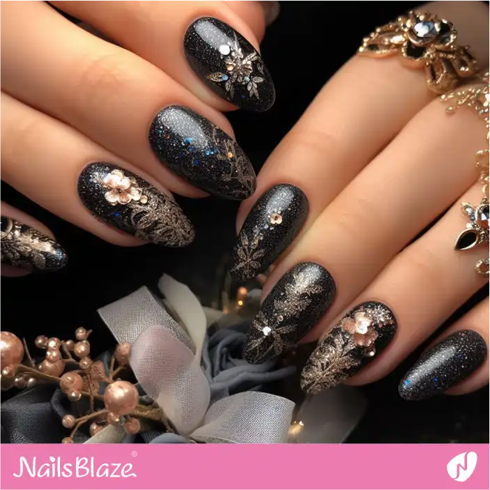 Black Glitter Nail Design for Dark Wedding |Wedding-NB-D-287