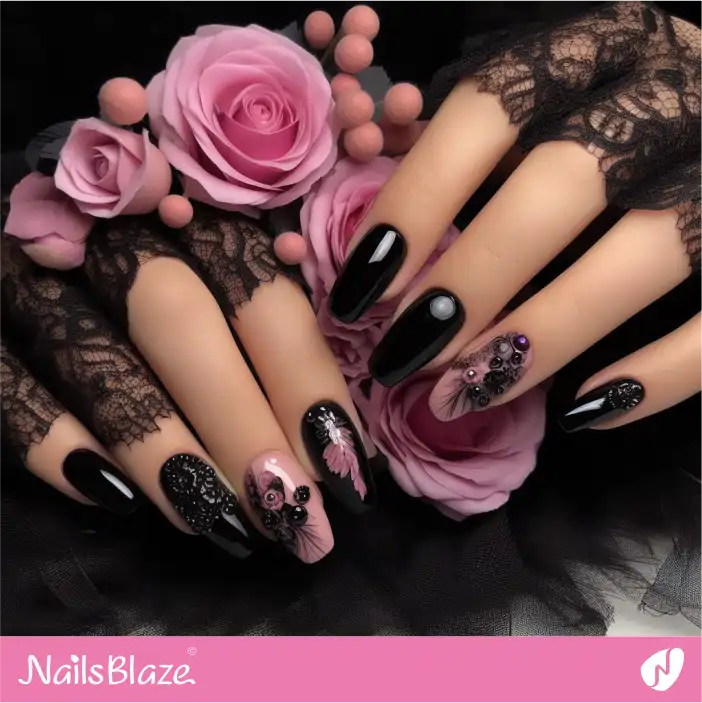 Dark Wedding Black and Accent Pink Nail Design |Wedding-NB-D-298