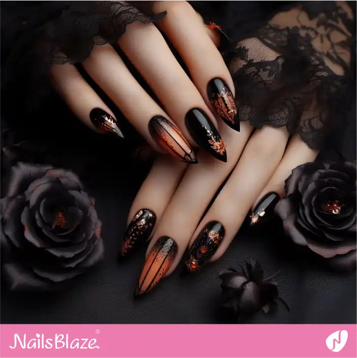 Black and Orange Nail Design for Dark Wedding |Wedding-NB-D-299
