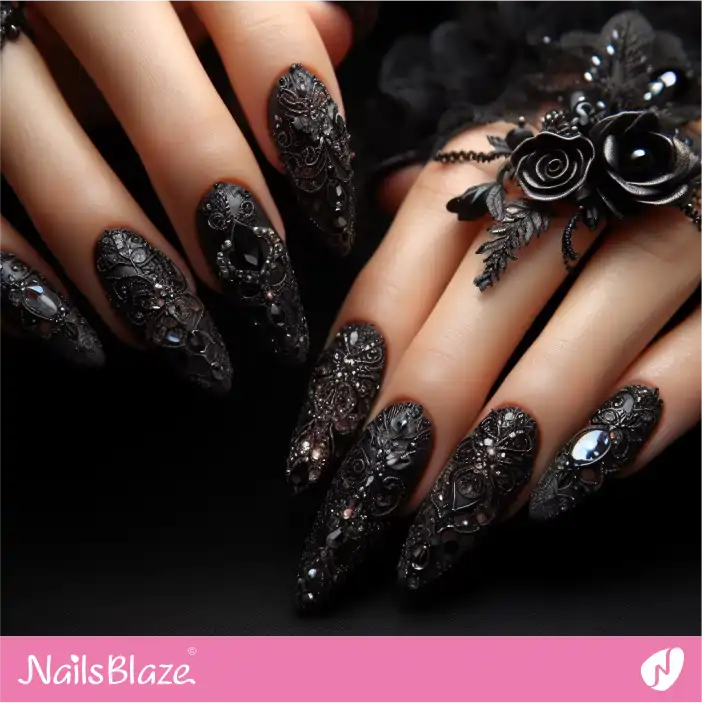 Black Embellished Nail Design for  Dark Wedding |Wedding-NB-D-304