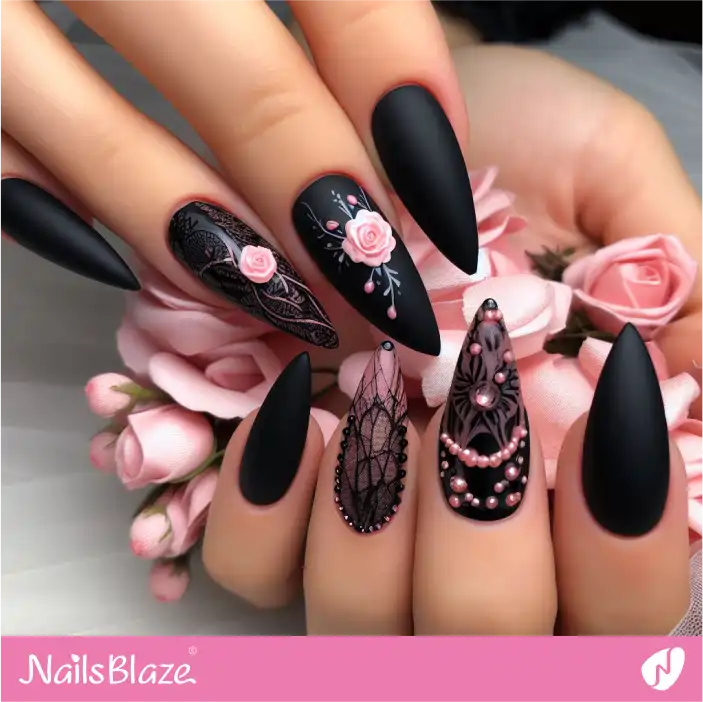 Dark Wedding Matte Nail Design with Pink Flower |Wedding-NB-D-309