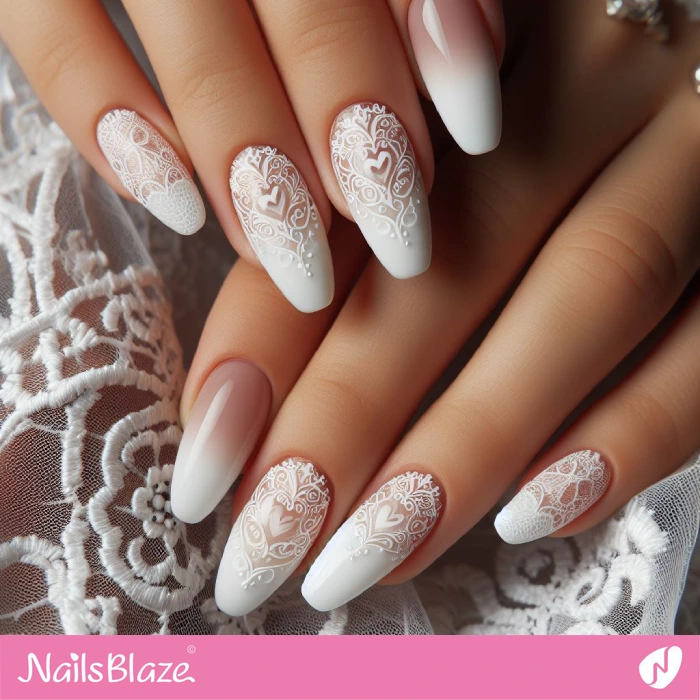 Lace Pattern French Nails with Hearts | Wedding Nails - NB4623