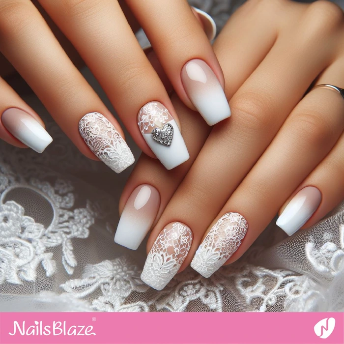 3D Heart and Lace for Ombre French Nails | Wedding Nails - NB4627