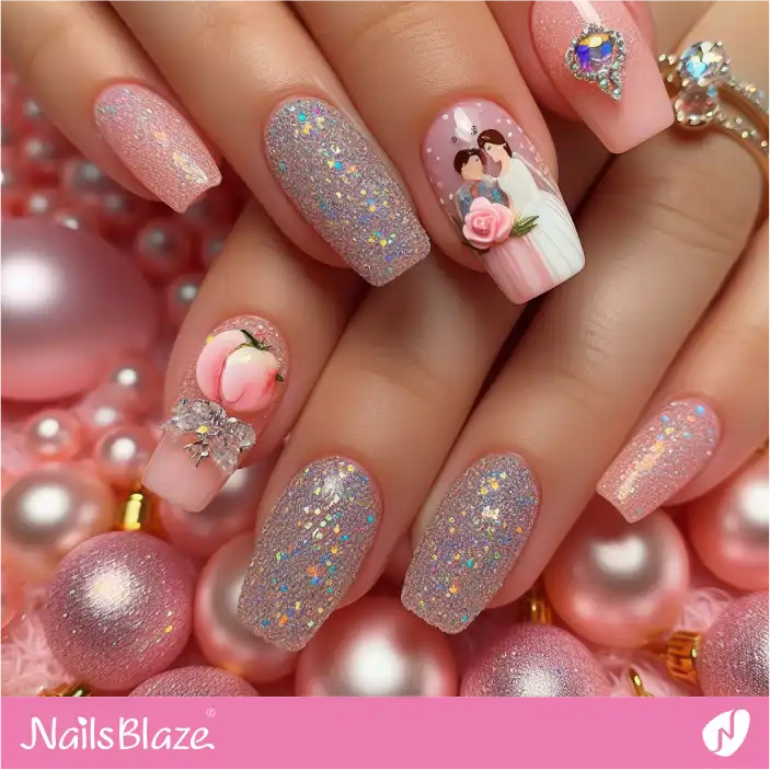 Peach Fuzz Glitter Honeymoon Nail Design| Wedding-NB-D-402