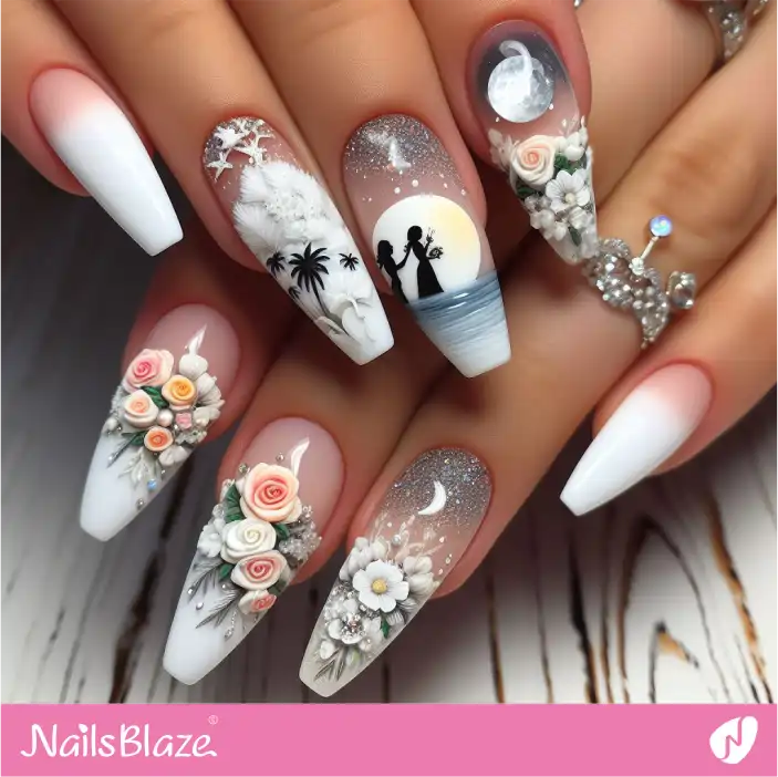 Honeymoon Silhouette and Floral Nail Design| Wedding-NB-D-411