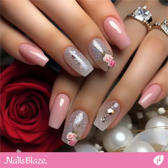 Honeymoon Glitter Nail Design with Rose| Wedding-NB-D-589
