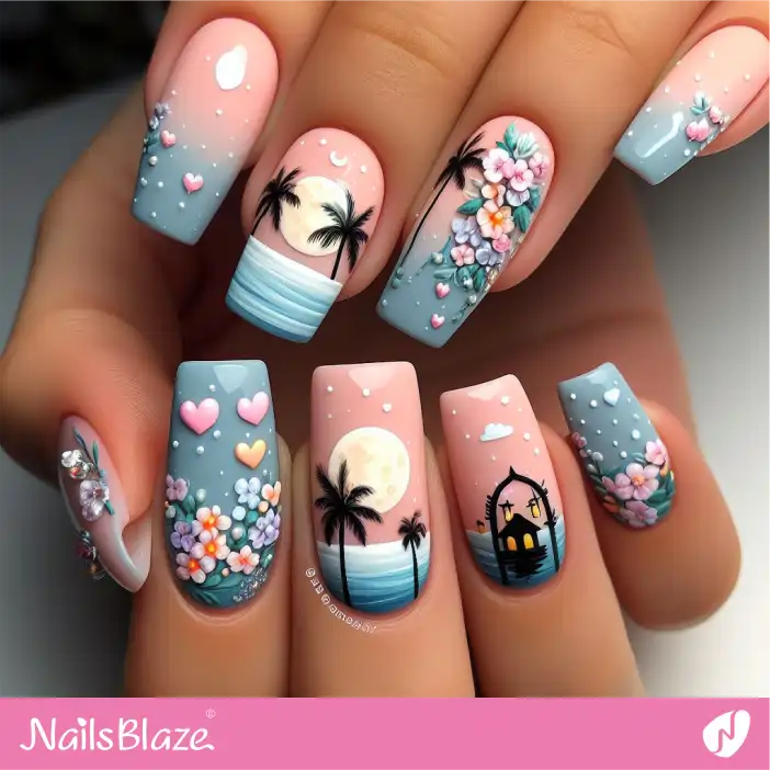 Honeymoon Romantic Vibes Nails with Floral Design | Wedding-NB-D-591