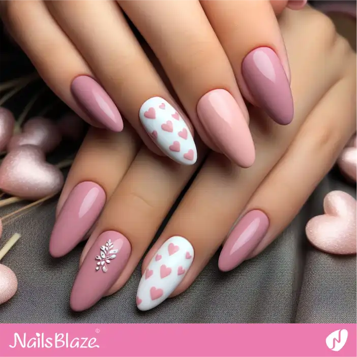 Honeymoon Dusty Rose Nails with Heart Accent Design | Wedding-NB-D-594