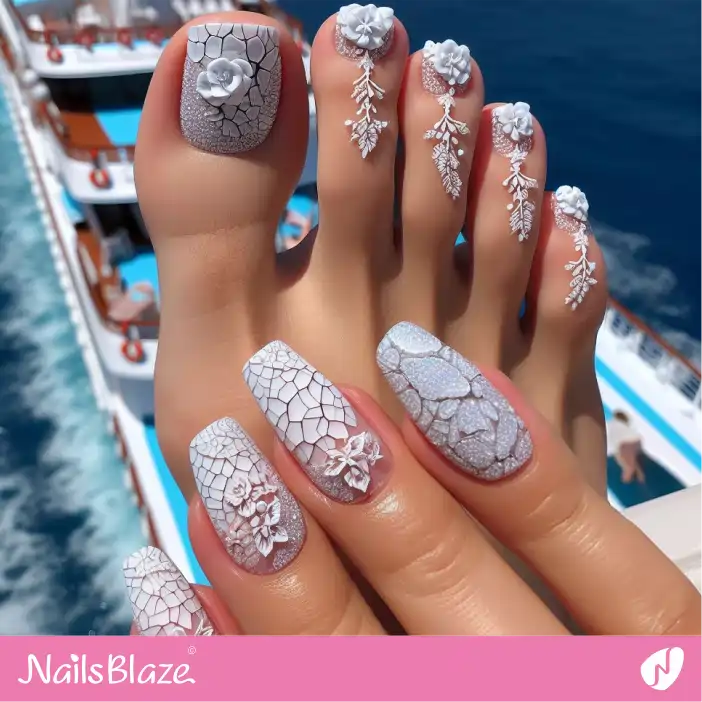 Crackle Pedicure with 3D Flower Nail Design for Cruise Wedding| Wedding-NB-D-637