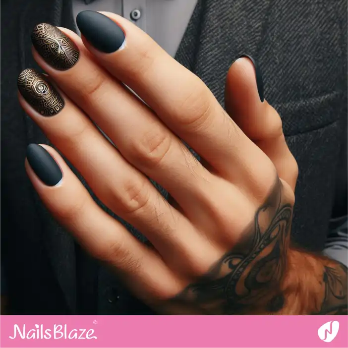 Male Grooming Black Matte with Gold Geometric Nail Design| Men's Nail-NB-D-532
