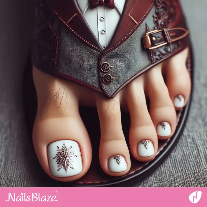 White Nails Pedicure with Flower Design for Groom| Men's Nail-NB-D-525