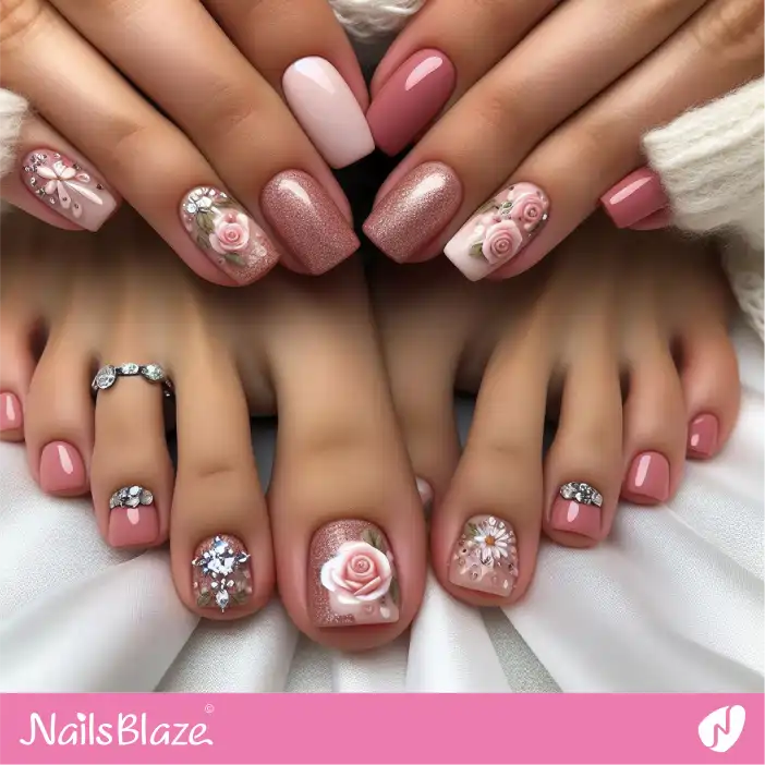Mother in Law Dusty Rose Color with Flower Nail Design|Wedding-NB-D-456