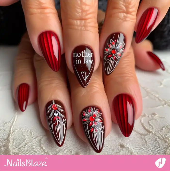 Mother in Law Luxury Flower Deep Red Nail Design| Wedding-NB-D-332