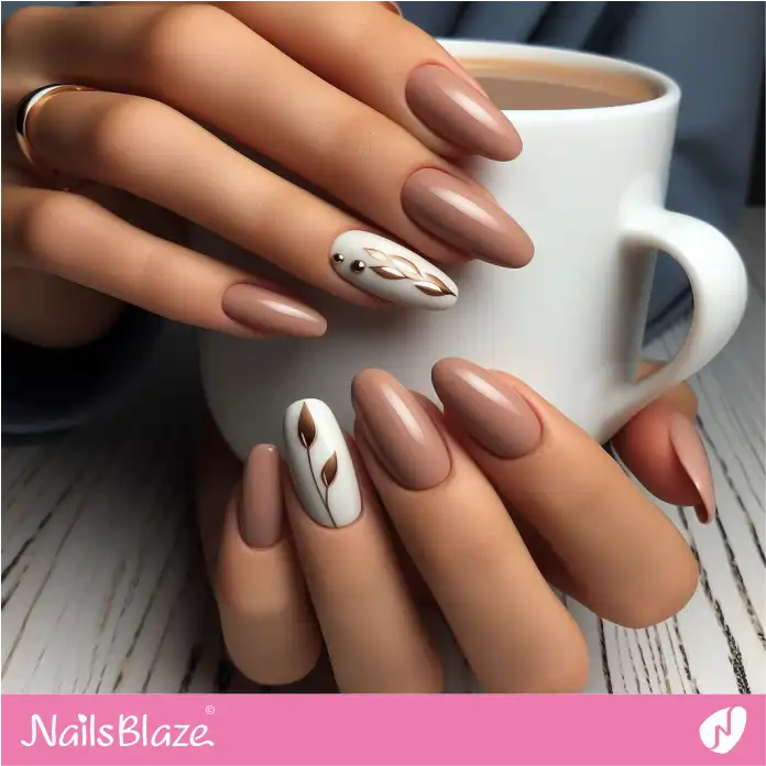 Brown Nails with Leaves Accents for Workplace | Professional Nails - NB3056