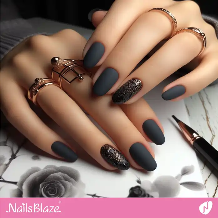 Matte Charcoal Nails with Elegant Accents for Office | Professional Nails - NB2989