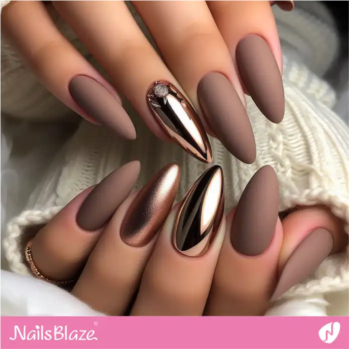 Milky Chocolate Almond Nails with Chrome Effect | Professional Nails - NB2992