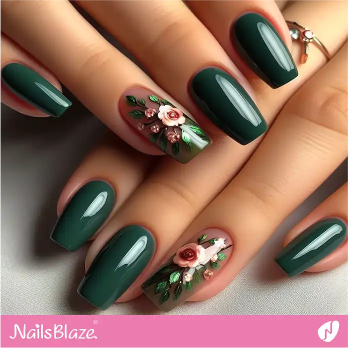 Floral Forest Green Nails for Office | Professional Nails - NB3070