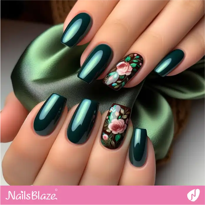 Forest Green Office Nails with Rose Accents | Professional Nails - NB3071