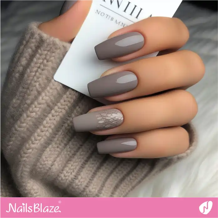 Winter Greige Nails with Leaves Design Accent for Office | Professional Nails - NB3091