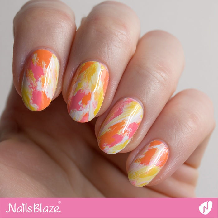 Coral and Yellow Brush‑Stroke Nails Design | Coral and Yellow Nails- NB8181